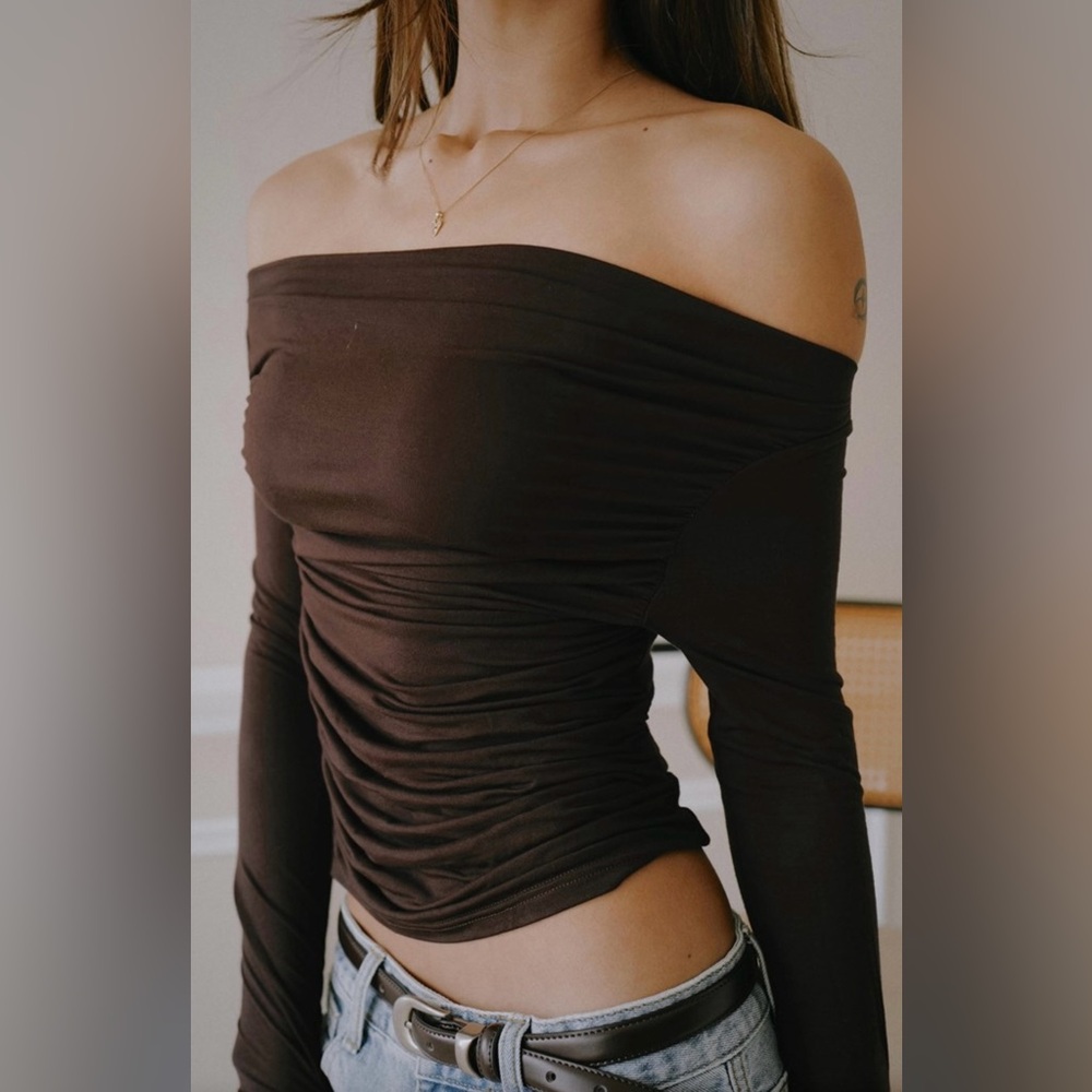 Elegant Off-Shoulder Brown Long Sleeve Top